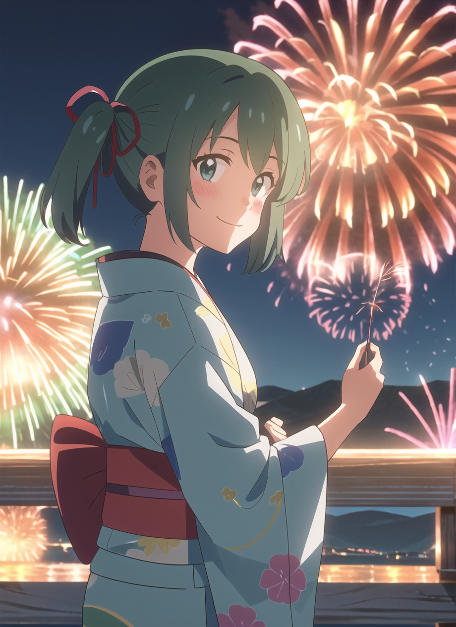 shinkai makoto, kimi no na wa., hatsune miku, 1girl, aerial fireworks, blue kimono, blush, aqua hair, green hair, firework...